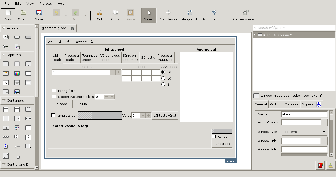 Töö programmiga GLADE User Interface Designer: aknaruutude loomine
